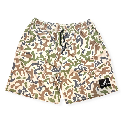 Custom-designed camo shorts with black label logo on left leg . Go anywhere do anything shorts for ultimate comfort.