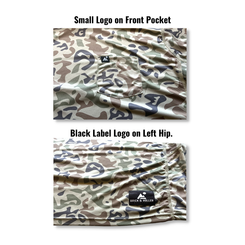 One of our custom designed camo shirts with small logo on front pocket and black label logo on left hip. 