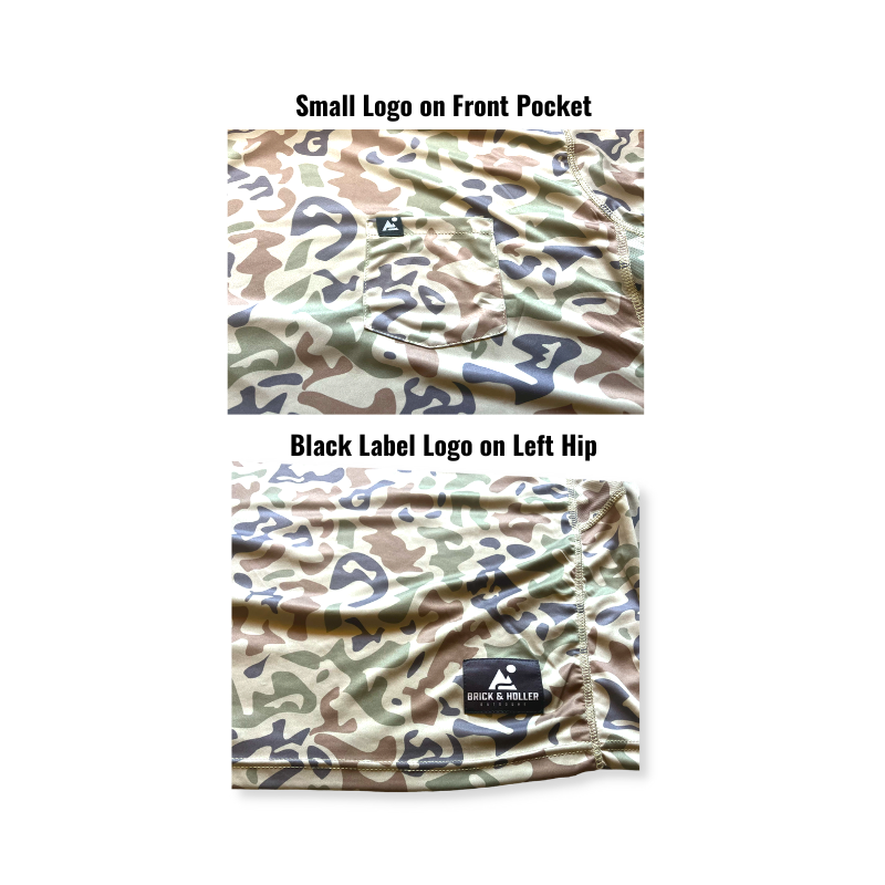 One of our custom-designed camo shirts with a small logo on the front pocket and a black label logo on the left hip